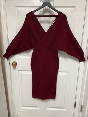 Bluivy Young Contemporary Deep Burgundy Knit Wrap Midi Dress